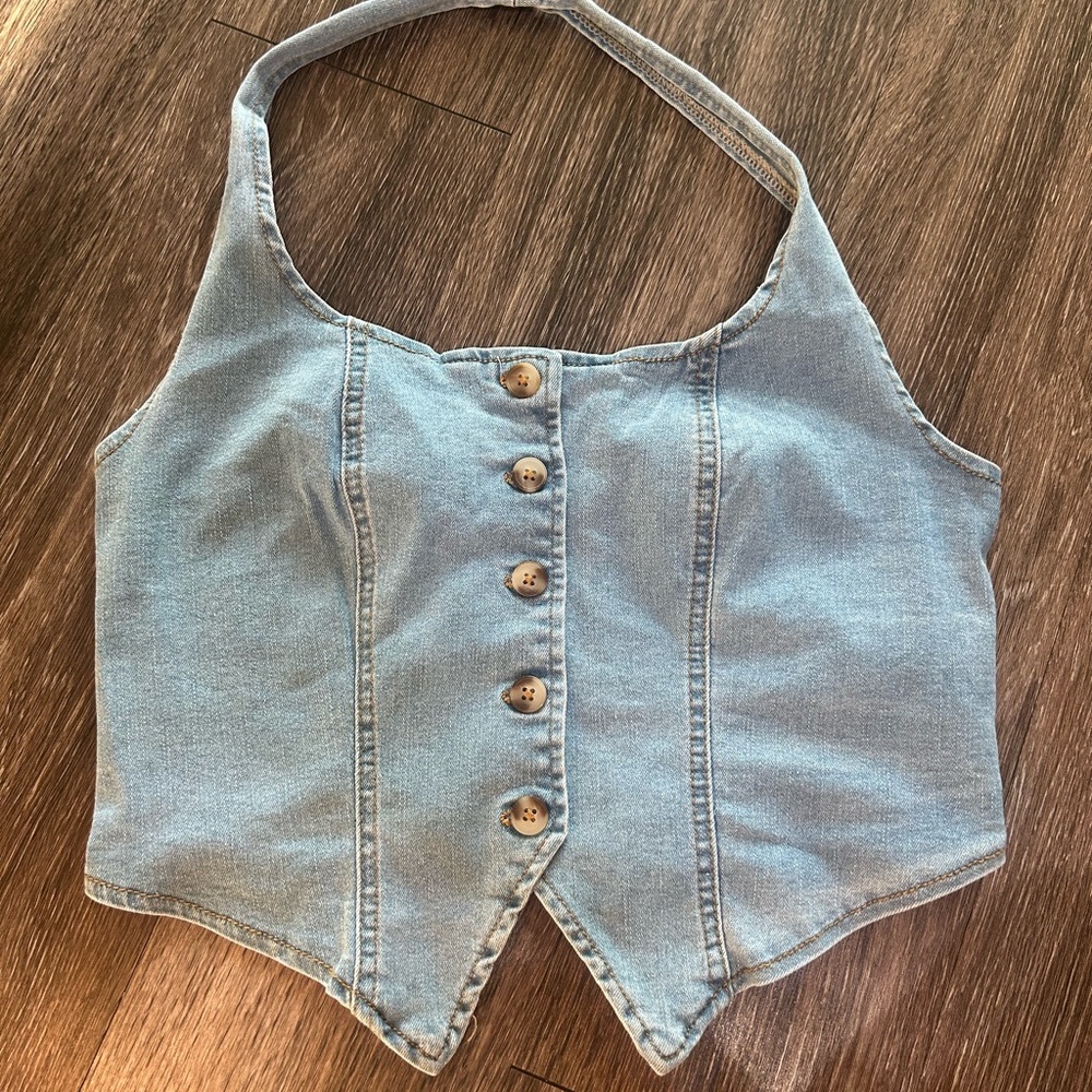 Soft Blue Denim Crop Button Up Halter
